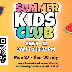 poster advertising kids club monday 27- thurs 30th july 9-12:30 pm